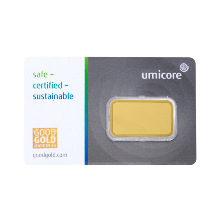 Achterkant Umicore 10 gram goudbaar met certificaat
