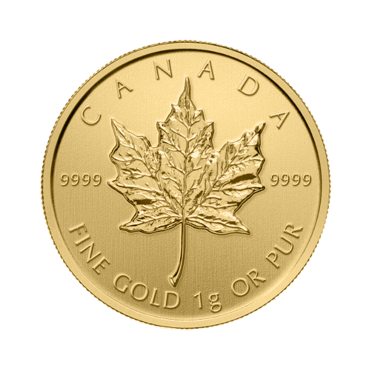 Voorkant van de 1 Gram gouden munt Maple Leaf