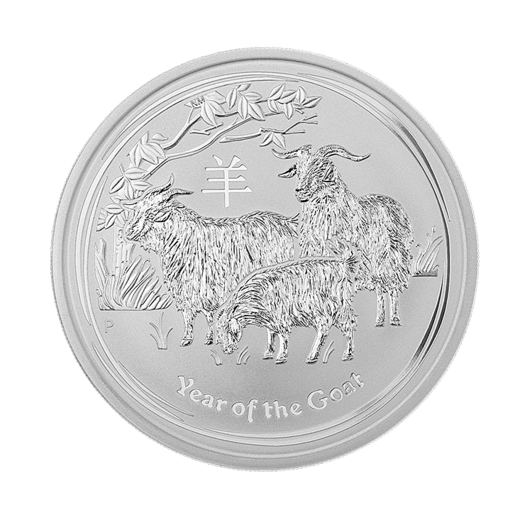 Voorzijde 1 kilo zilver Lunar munt 2015 - jaar van de geit