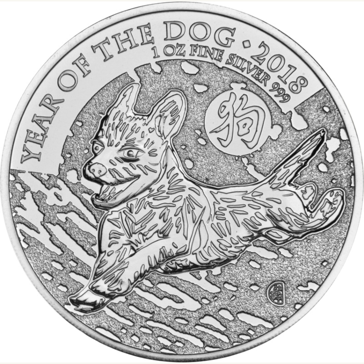 1 troy ounce zilveren munt Britannia jaar van de hond 2018