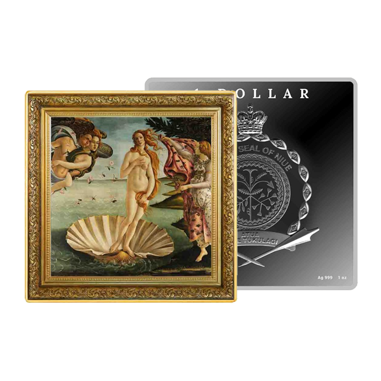 1 troy ounce zilveren munt Treasures of World Painting - The Birth of Venus 2023 voor en achterkant