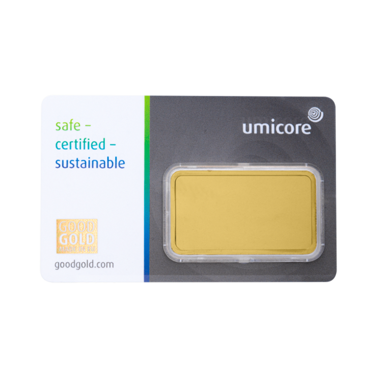 Achterkant Umicore 1 troy ounce goudbaar met certificaat