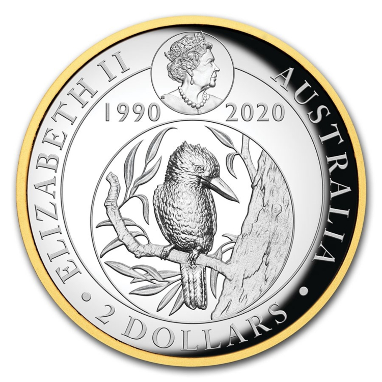 2 troy ounce vergulde zilveren munt Kookaburra 2020 Proof