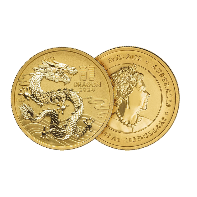 Voor- en achterzijde 1 troy ounce gouden Lunar Year of the Dragon munt 2024