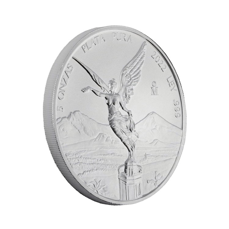 Voorzijde van de 5 troy ounce zilveren munt Mexico Libertad 2022 