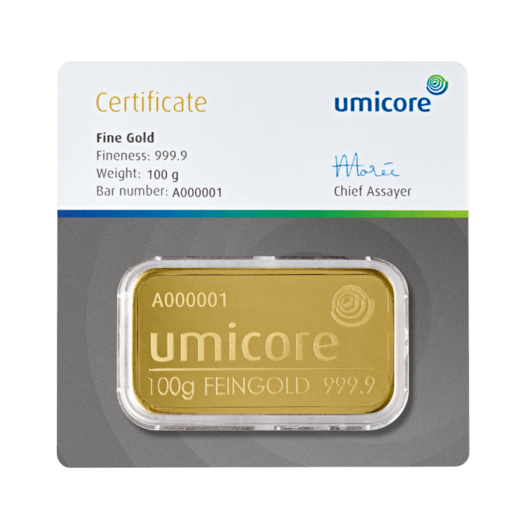 Certificaat van echtheid 100 gram Umicore goudbaar
