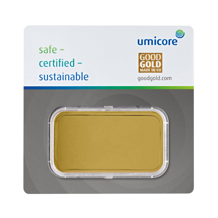 Achterkant verpakking 100 gram Umicore goudbaar