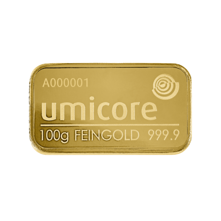Voorzijde Umicore goudbaar 100 gram