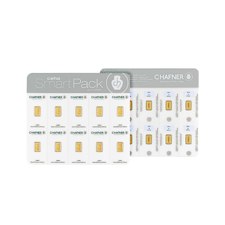 Voor- en achterkant C. Hafner goudbaar 10x 2 gram SmartPack
