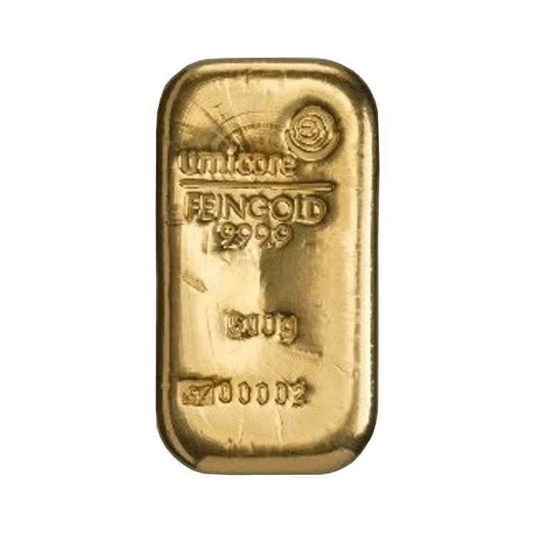 Voorzijde 500 gram Umicore goudbaar met certificaat van echtheid