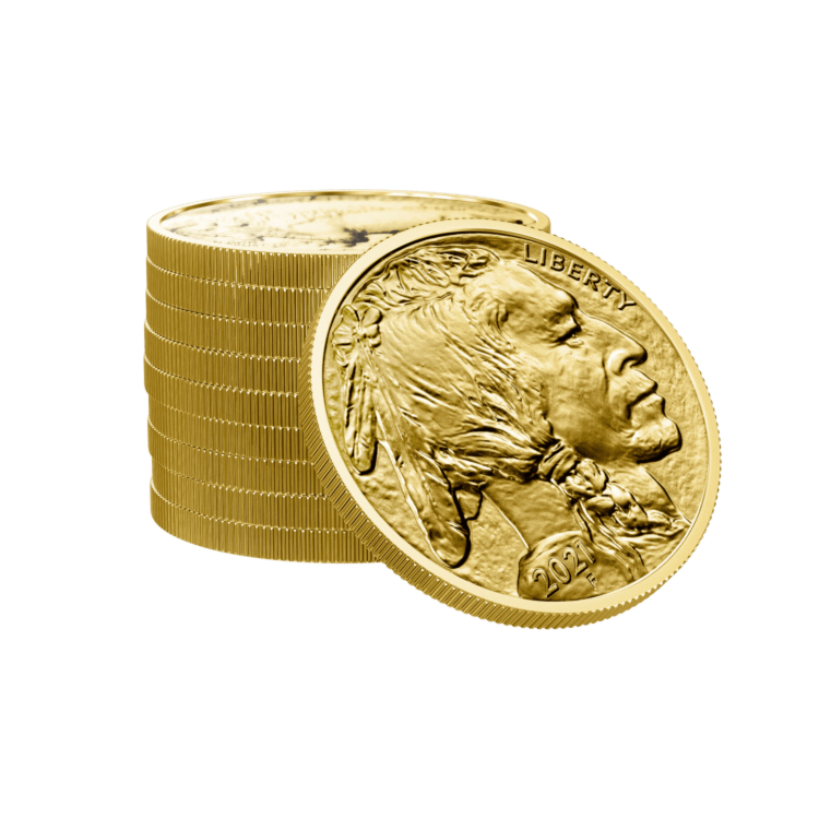 Gestapelde 1 troy ounce gouden American Buffalo munt