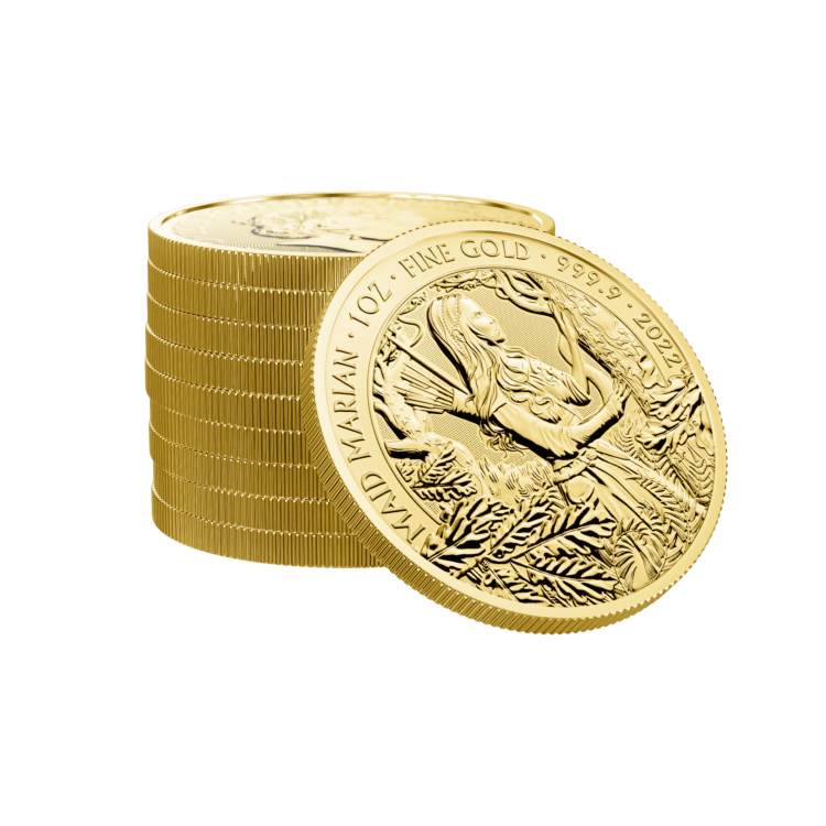 Gestapelde 1 troy ounce gouden munt Maid Marian 2022