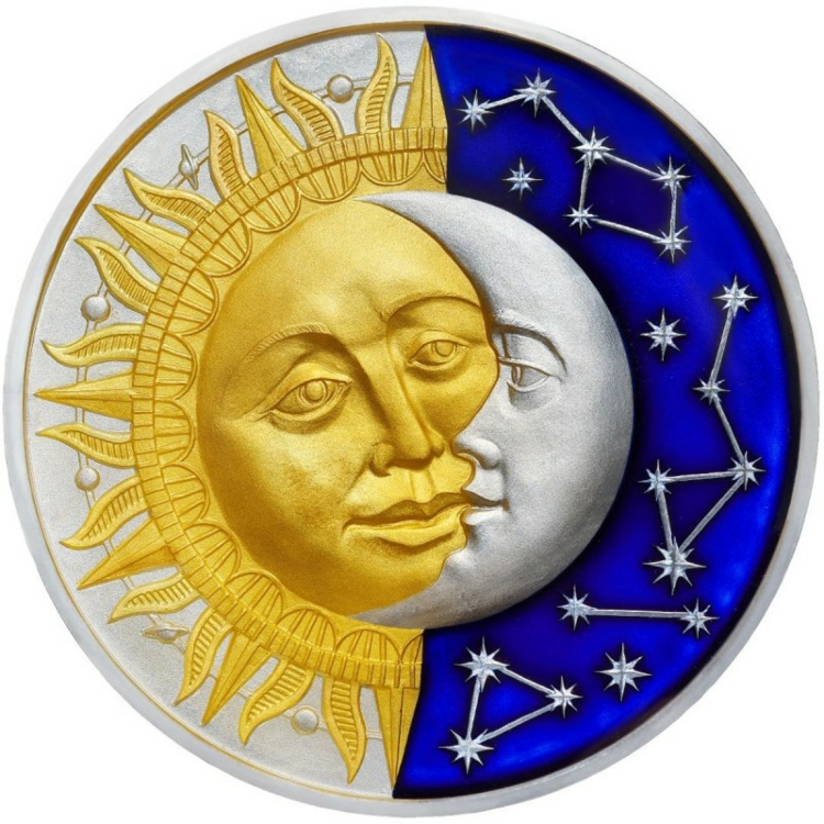 2 Troy ounce zilveren munt Sun and Moon