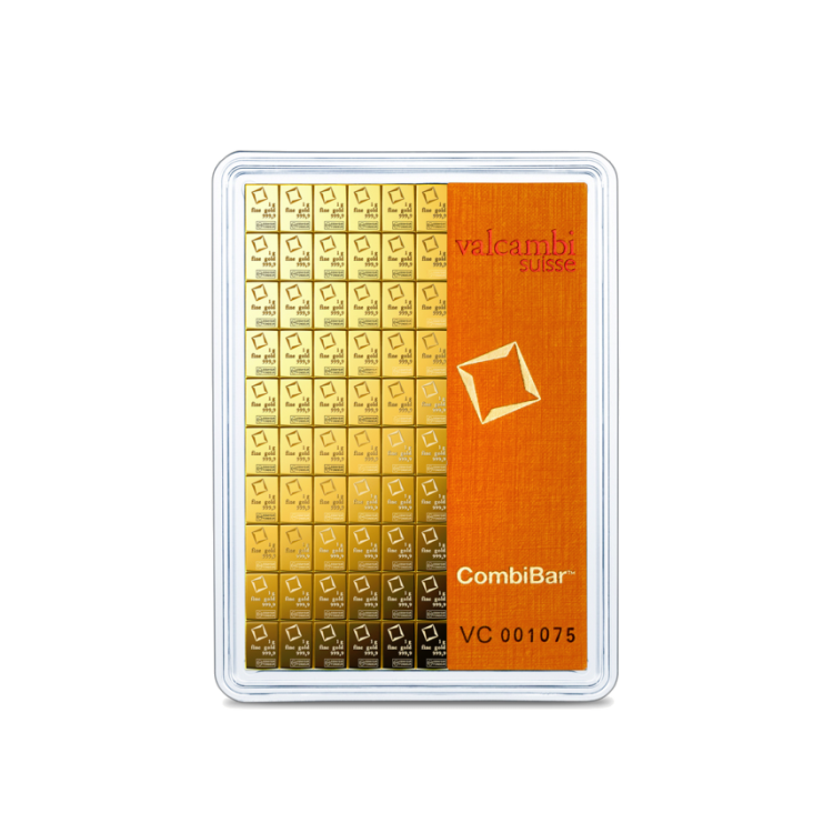 Voorzijde 100x 1 gram gouden Valcambi Combibar met certificaat van echtheid