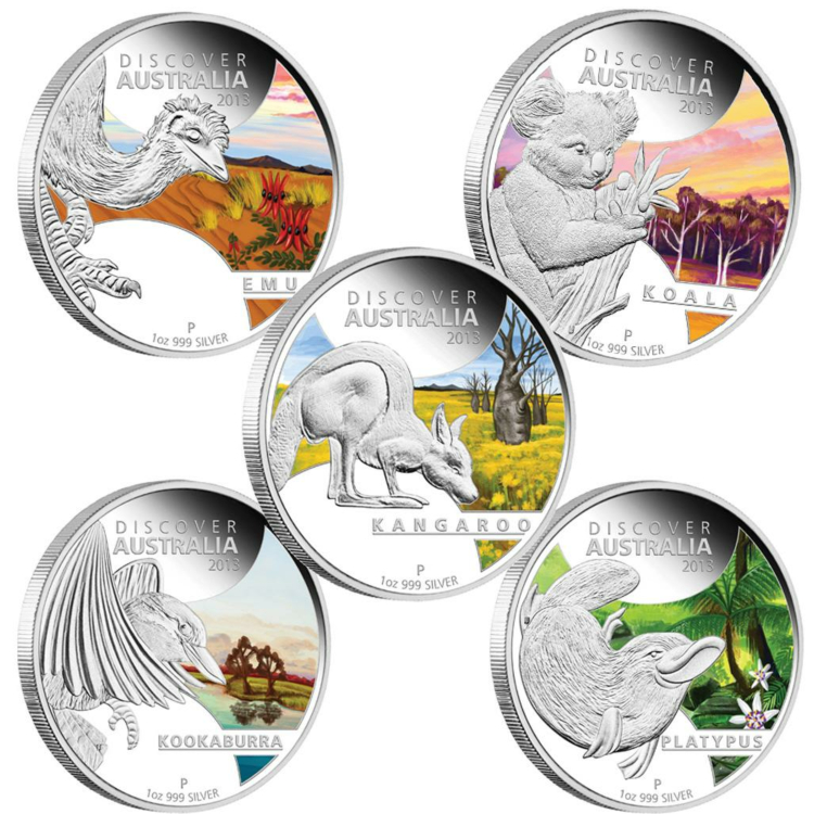 Gekleurde set zilveren munten Discover Australia