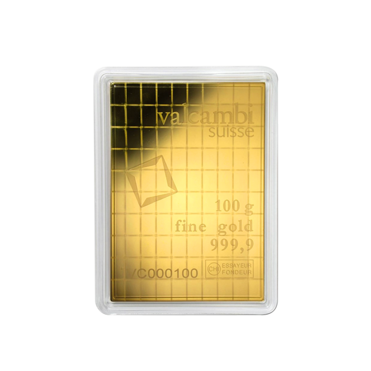 Achterzijde 100x 1 gram gouden Valcambi Combibar met certificaat van echtheid