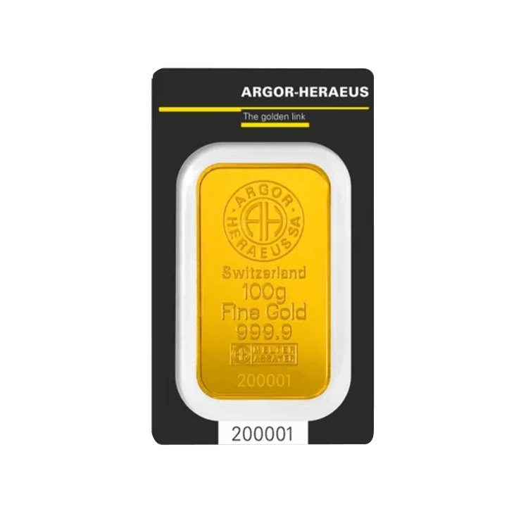 Voorzijde van de Argor-Heraeus 100 gram goudbaar