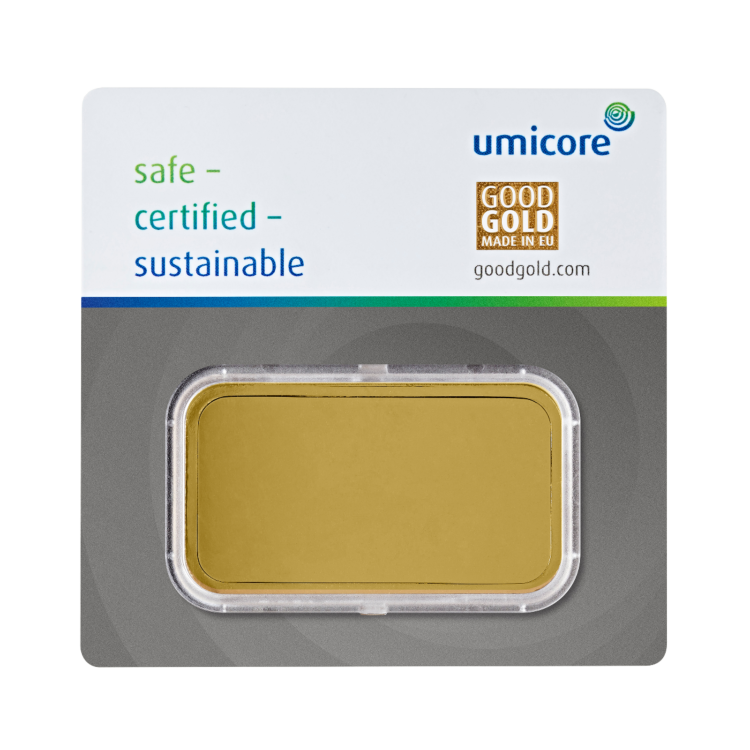 Achterkant Umicore 100 gram goudbaar met certificaat