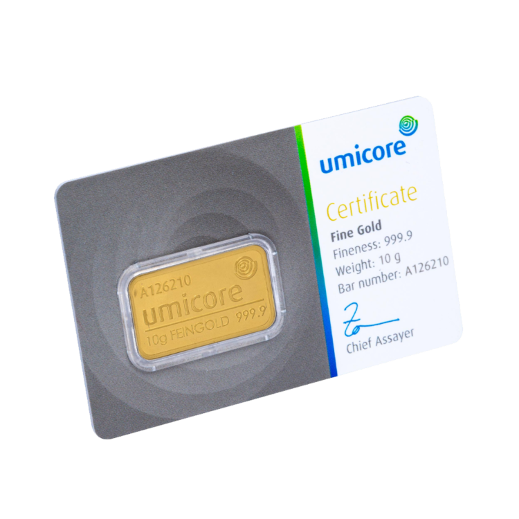 Voorkant Umicore 10 gram goudbaar met certificaat