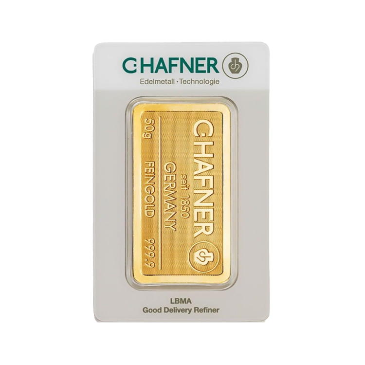 Voorkant C. Hafner 50 gram goudbaar