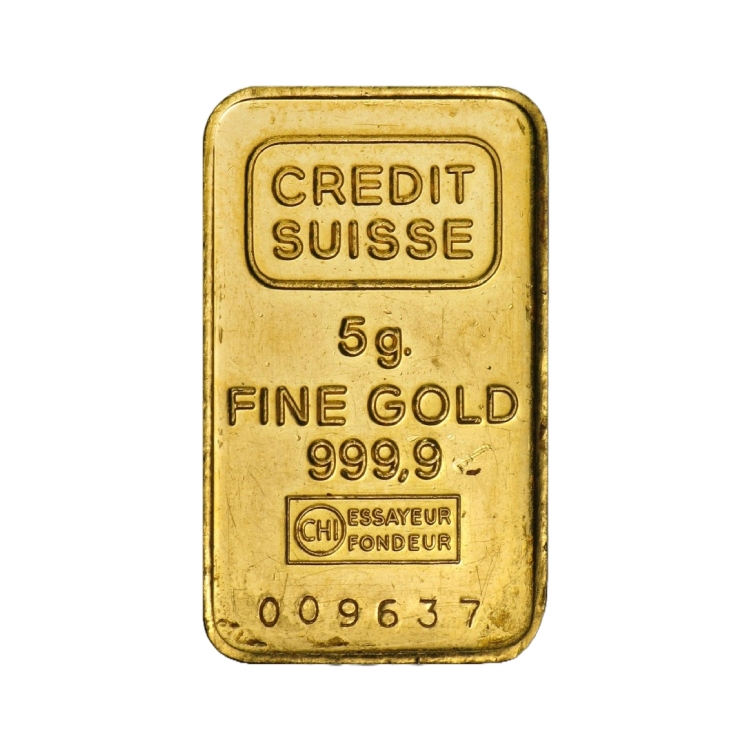 Voorzijde 5 gram Credit Suisse goudbaar