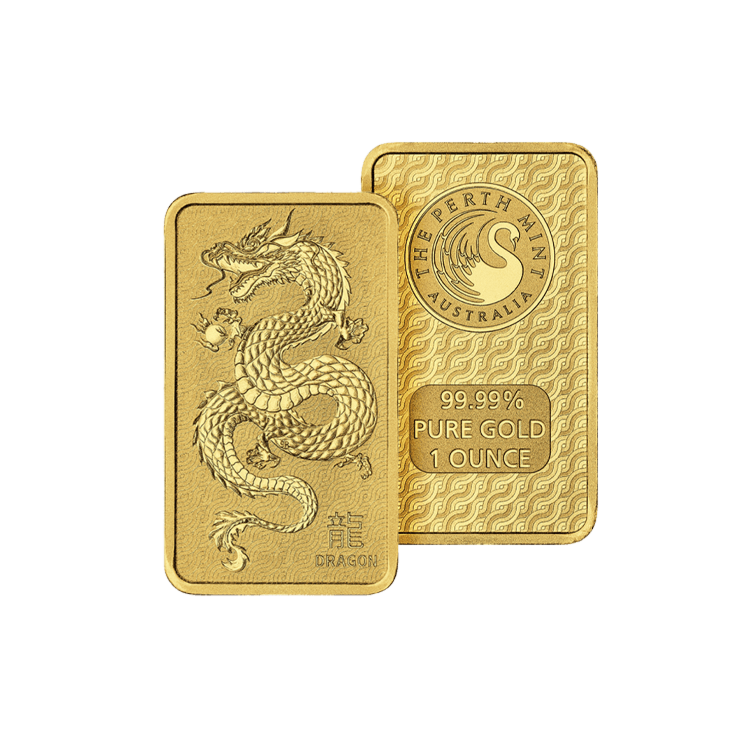 Voor- en achterzijde 1 troy ounce goudbaar Year of the Dragon 2024