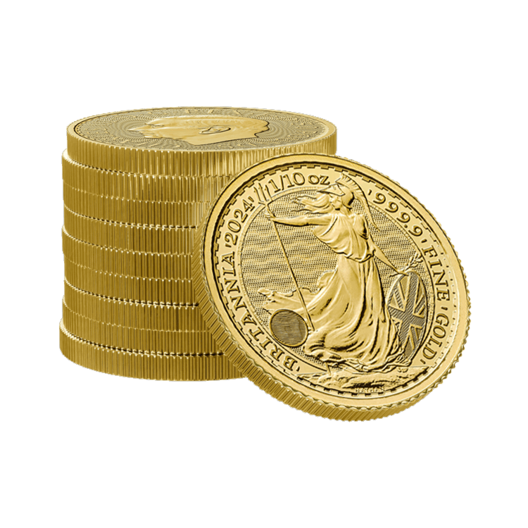 Stapeltje 1/10 Troy ounce gouden munten Britannia 2024
