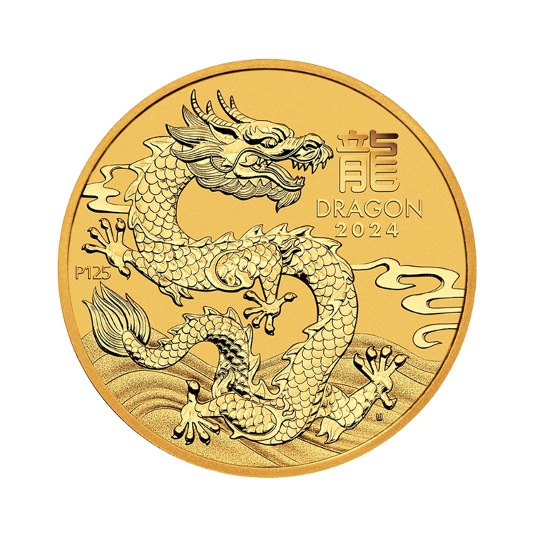 1/10 troy ounce gouden munt Lunar 2024 voorzijde
