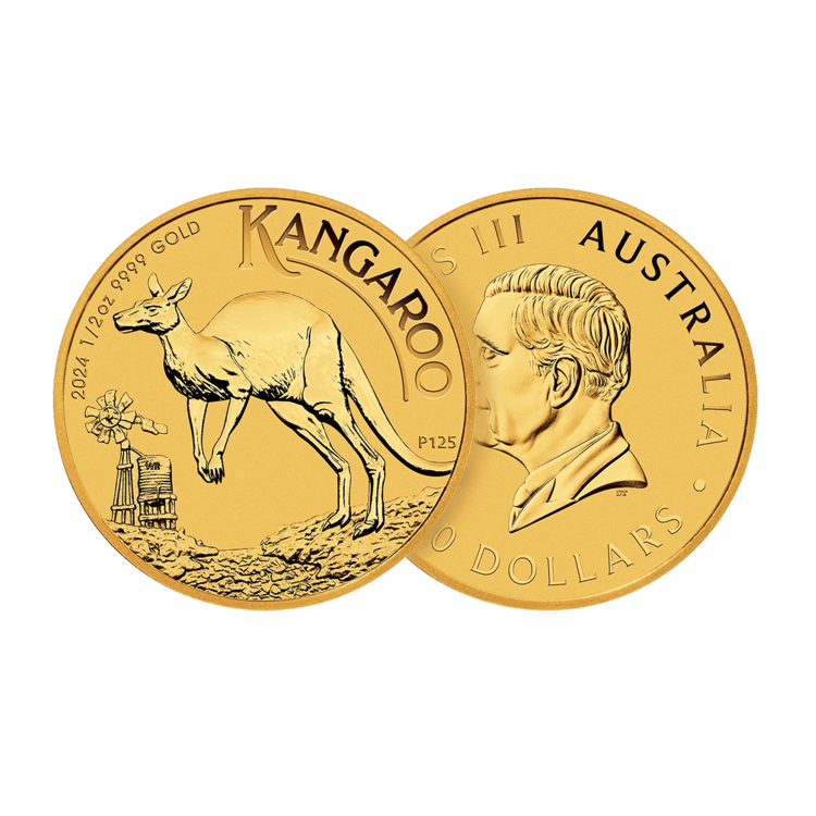 Voor- achterzijde van de 1/2 troy ounce gouden munt Kangaroo 2024