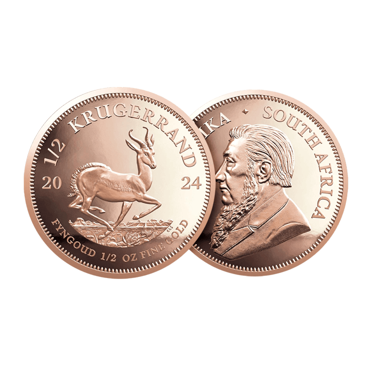 Voor- en achterzijde van de 1/2 troy ounce gouden Krugerrand uit 2024 in proof kwaliteit