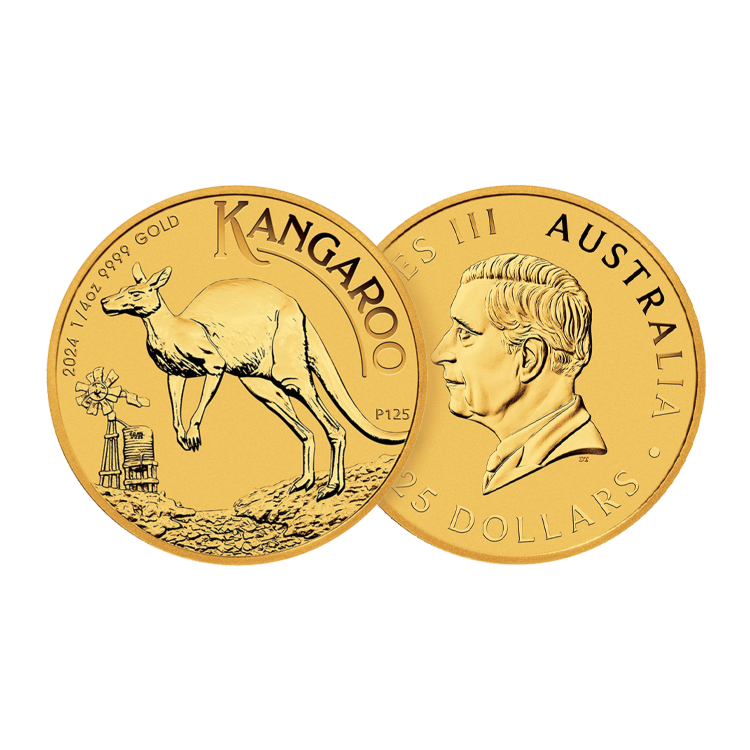 Voor- en achterzijde van de 1/4 troy ounce gouden munt Kangaroo 2024