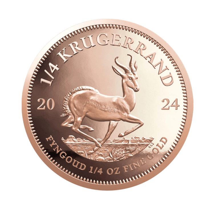 Voorzijde van de 1/4 troy ounce gouden Krugerrand munt uit 2024 in Proof conditie