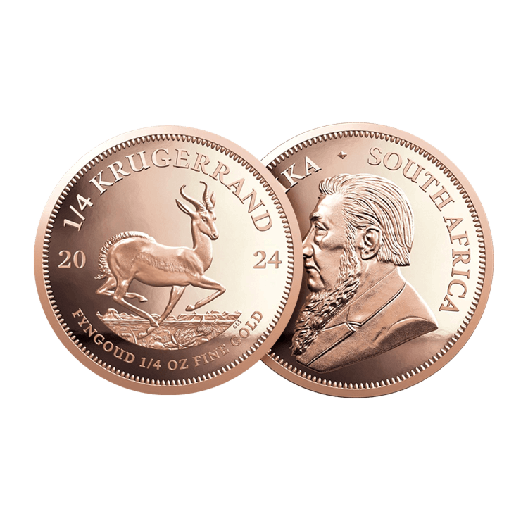 Voor- en achterzijde van de 1/4 troy ounce gouden Krugerrand munt uit 2024 in Proof conditie