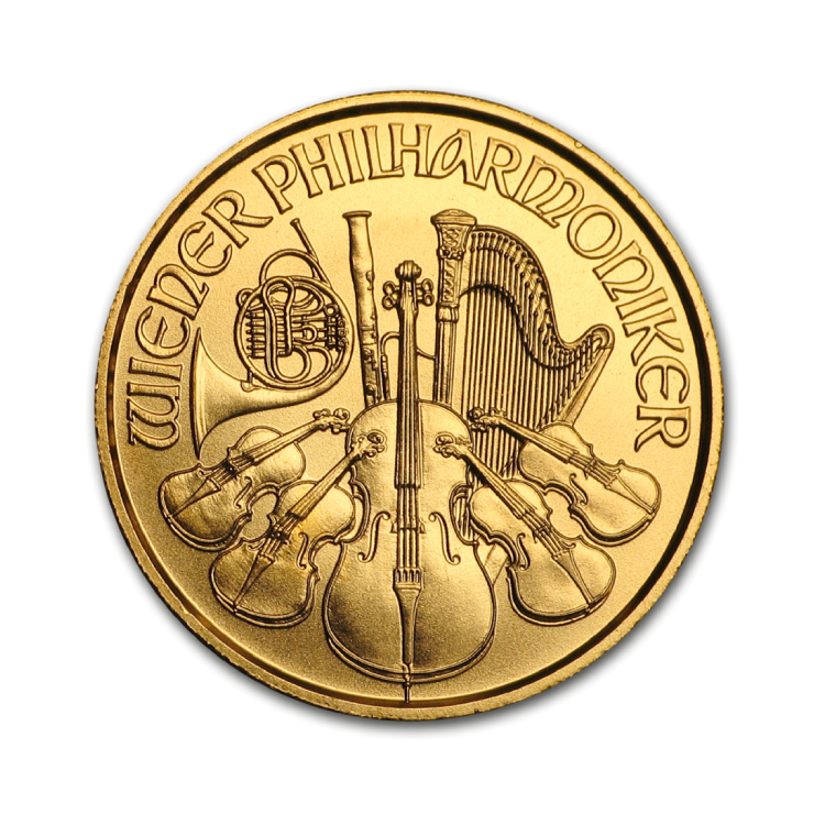 Voorzijde 1/25 troy ounce gouden Wiener Philharmoniker munt 
