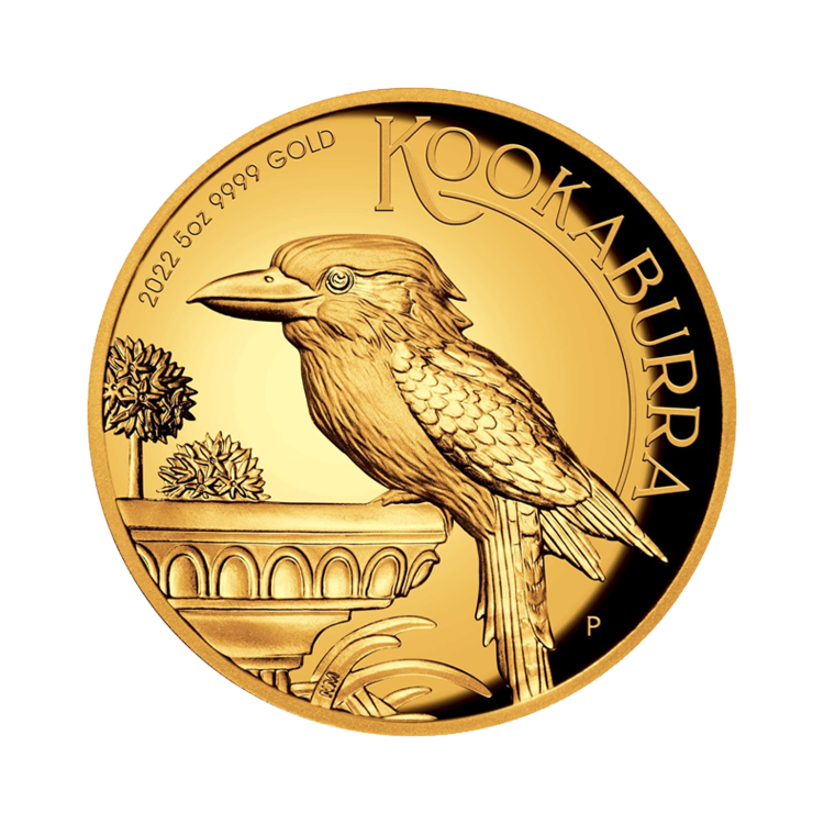 5 troy ounce gouden munt kookaburra proof 2022 voorzijde