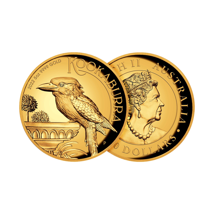 5 troy ounce gouden munt kookaburra proof 2022 ontwerp