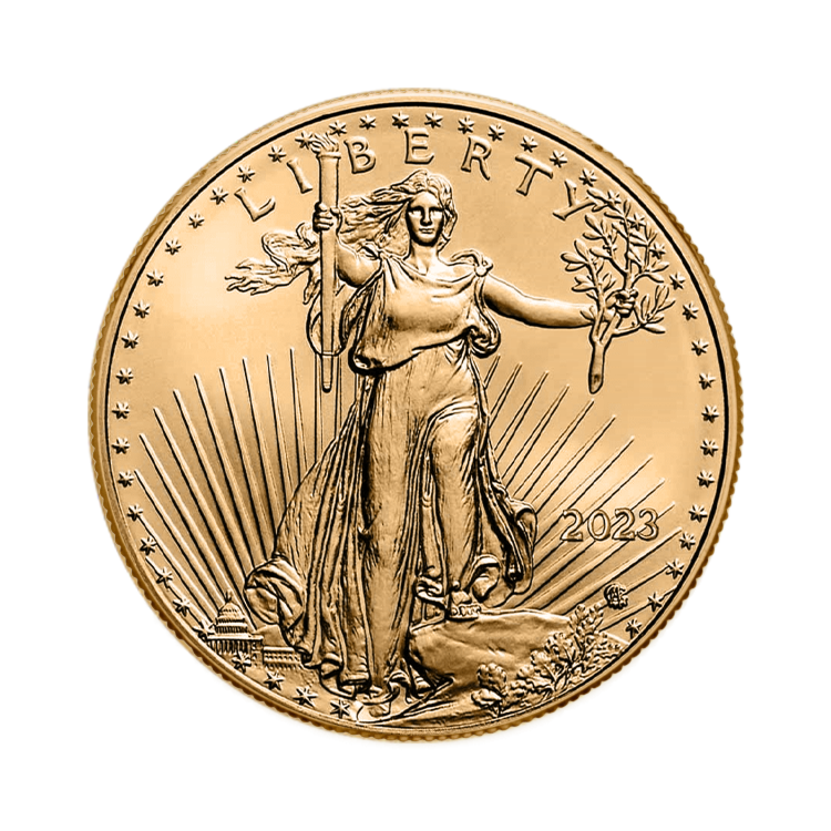 Voorzijde gouden 1/10 troy ounce American Eagle munt 2023