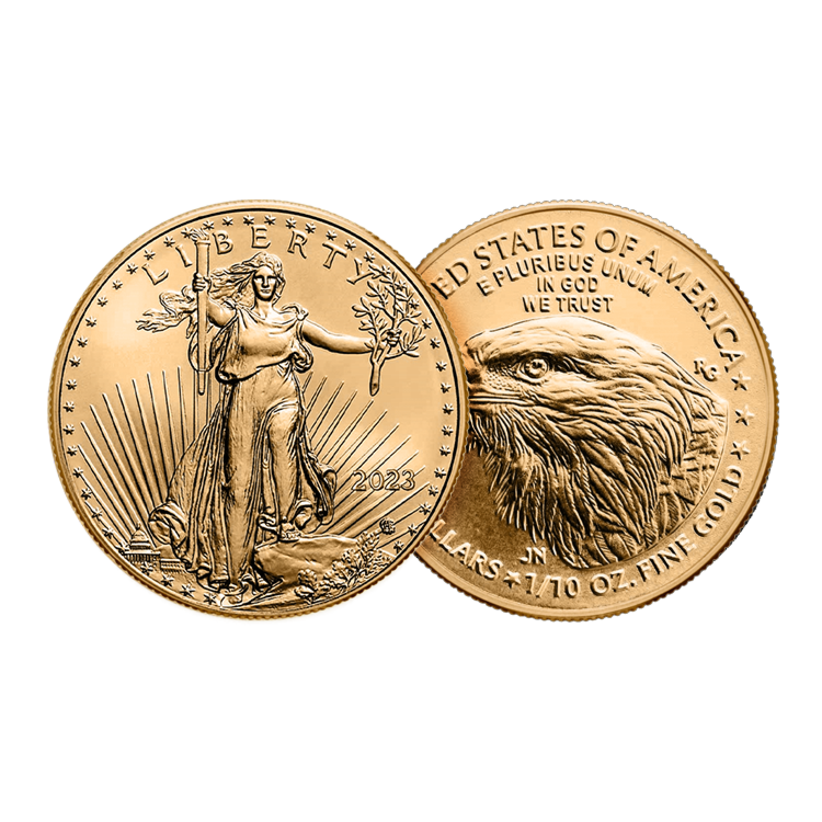 Ontwerp gouden 1/10 troy ounce American Eagle munt 2023
