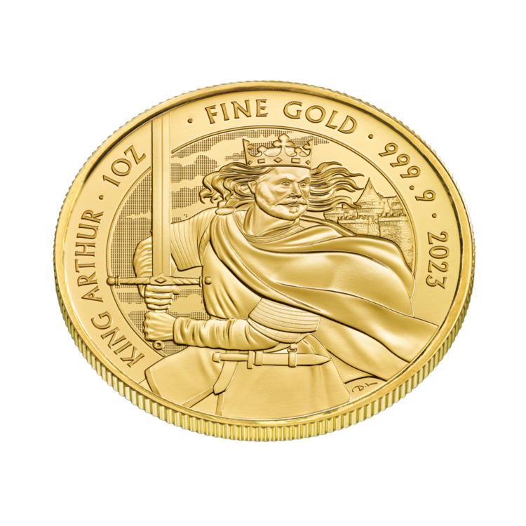 Liggende foto van de 1 troy ounce gouden munt King Arthur 2023