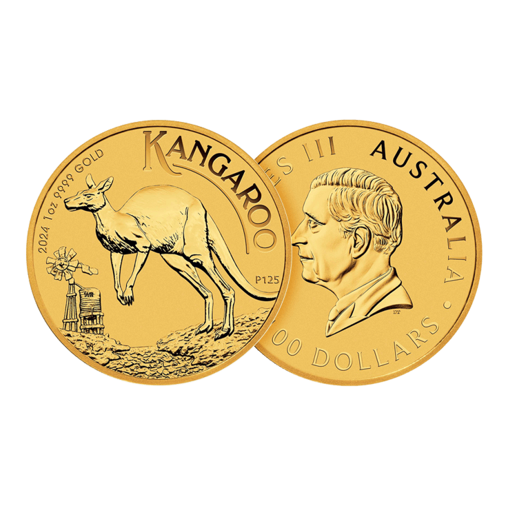 Voor- en achterzijde van de 1 troy ounce Australian Kangaroo 2024 munt
