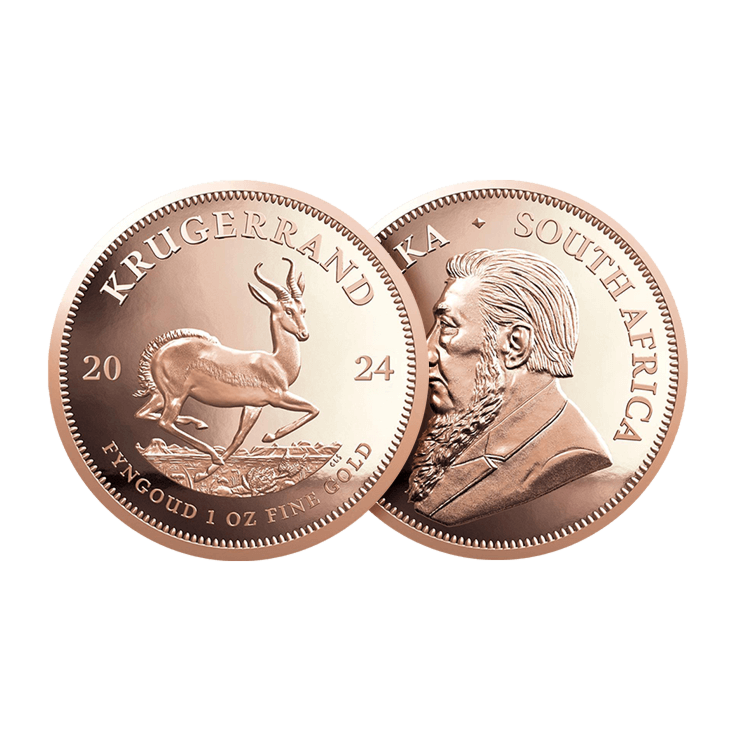Voor- en achterkant van de 1 troy ounce gouden Krugerrand munt uit 2024 in proof kwaliteit