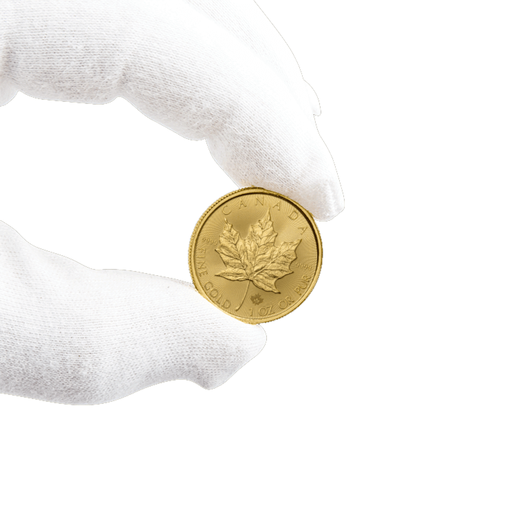 1 troy ounce gouden Maple Leaf munt in een hand