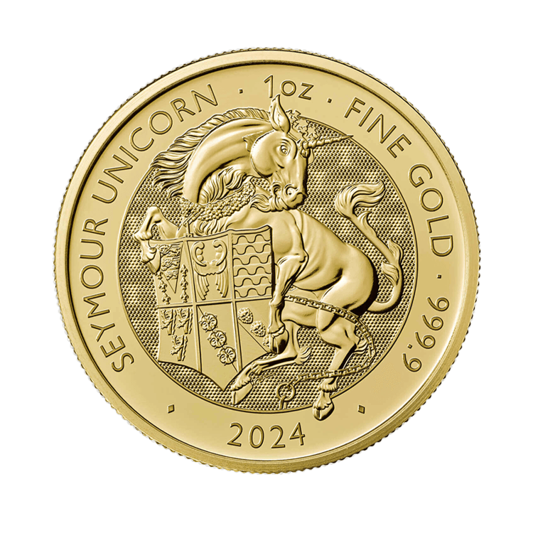 Voorzijde van de 1 troy ounce gouden Tudor Beasts Seymour Unicorn uit 2024