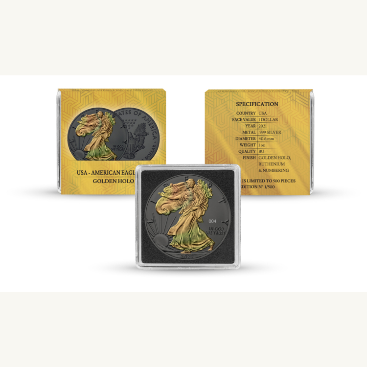 1 troy ounce zilveren munt gouden holo serie American Eagle 2021