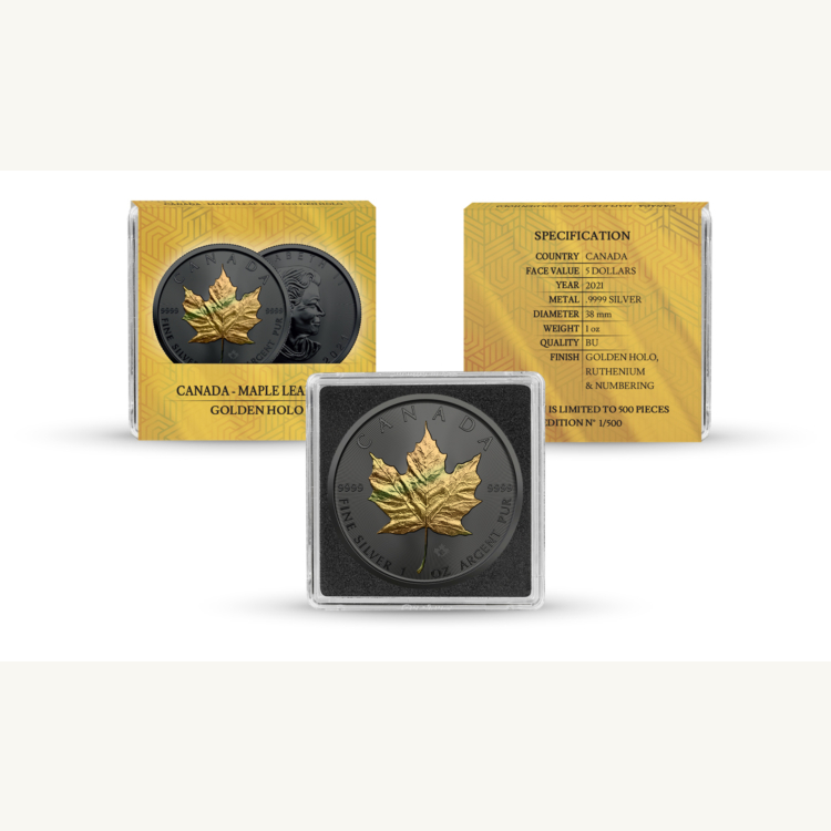 1 troy ounce zilveren munt gouden holo serie Maple Leaf 2021