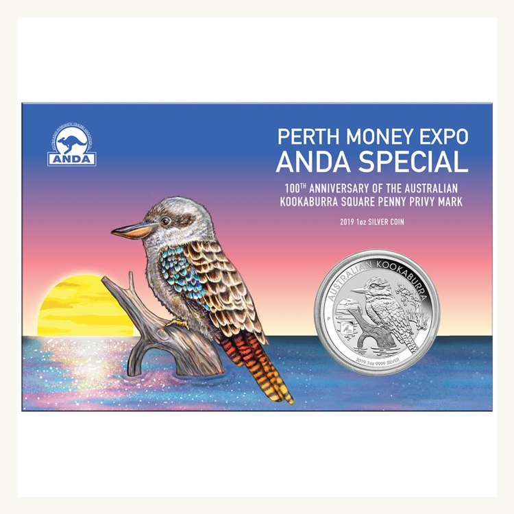 1 Troy ounce zilveren munt Kookaburra 2019 ANDA coin fair