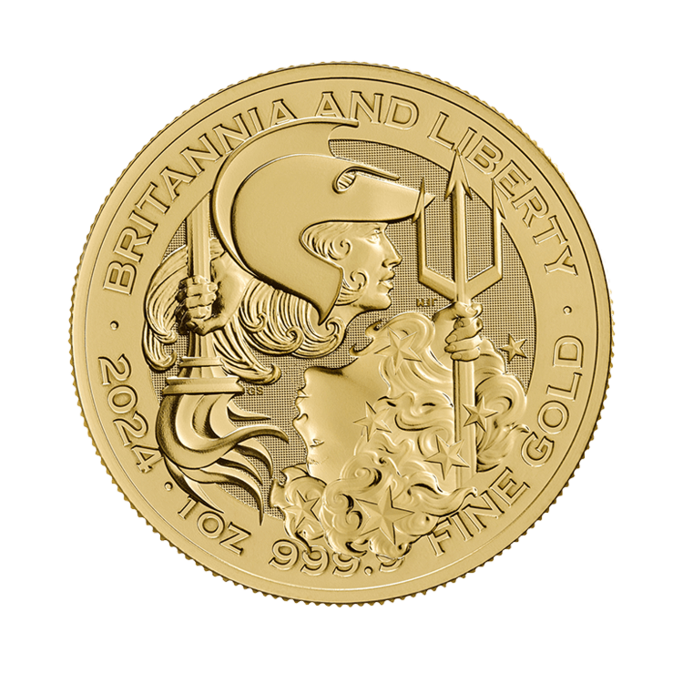 Voorzijde van de 1 troy ounce gouden Britannia and Liberty munt uit 2024