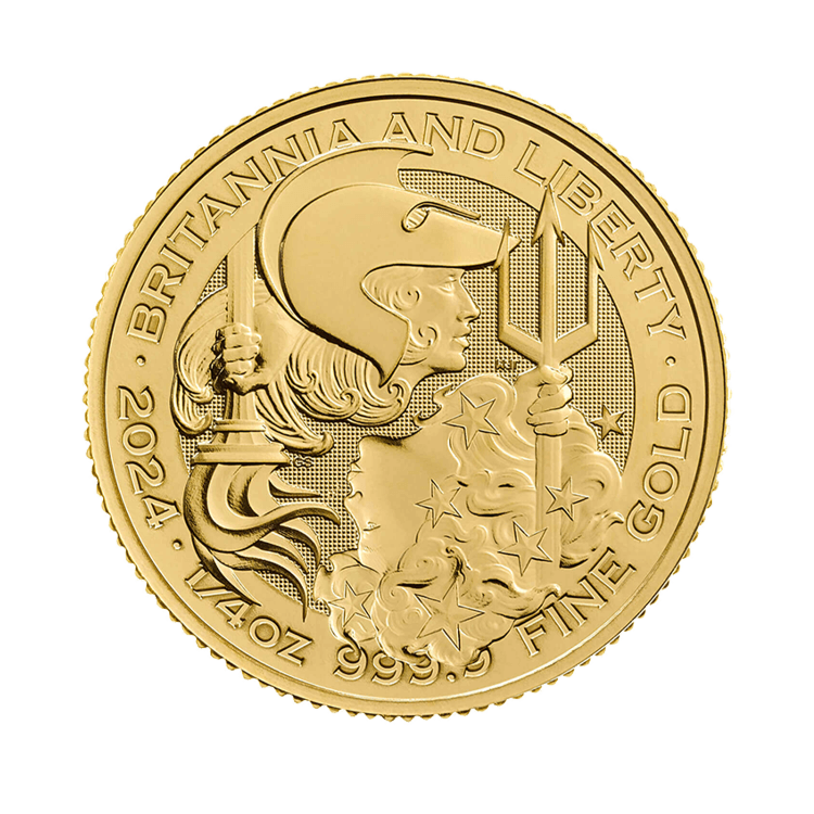 Voorzijde van de 1/4 troy ounce gouden Britannia and Liberty munt 
uit 2024