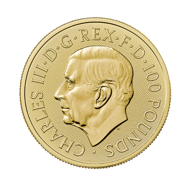 Achterzijde van de 1 troy ounce gouden Britannia and Liberty munt uit 2024