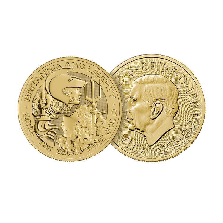 Ontwerp van de 1 troy ounce gouden Britannia and Liberty munt uit 2024